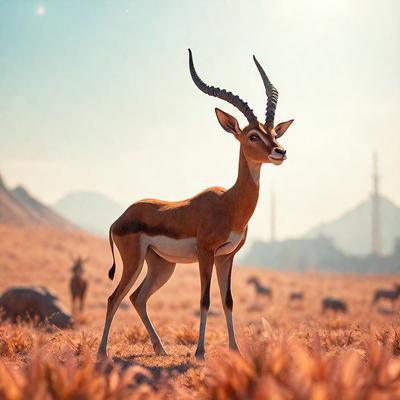 The primary subject of the image is a zebra standing in a field. The setting is a grassy plain with a mountain in the background. The visual style is a digital art illustration, giving the image a vibrant and detailed appearance. The dominant colors are shades of brown and yellow, creating a warm and natural atmosphere.